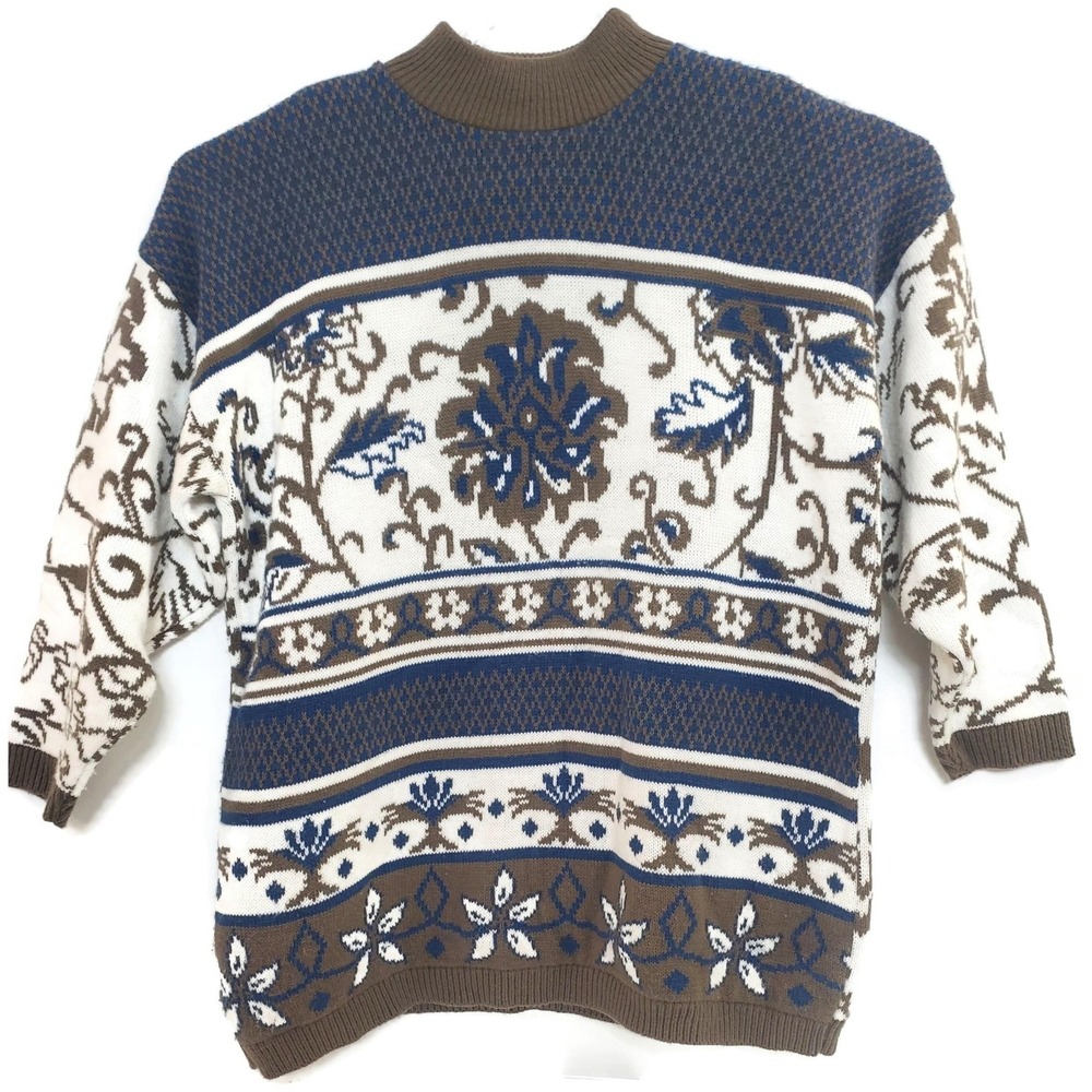 Kate Collins Sweater Womens 18W Blue Brown White Floral Knit Pullover Made USA